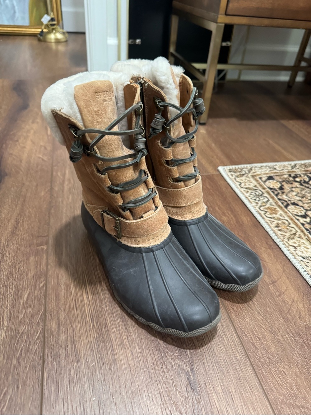 Sperry Womens Tan Suede Black Waterproof Duck Boots Shearling STS95917 Size 8.5